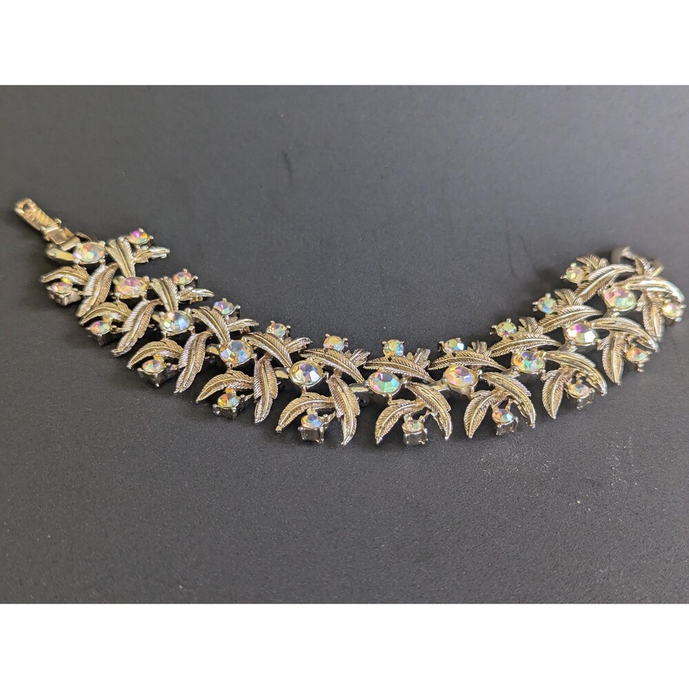 Vintage Coro Gold Tone Leaf Bracelet – AB Rhinestone Floral Statement Jewelry